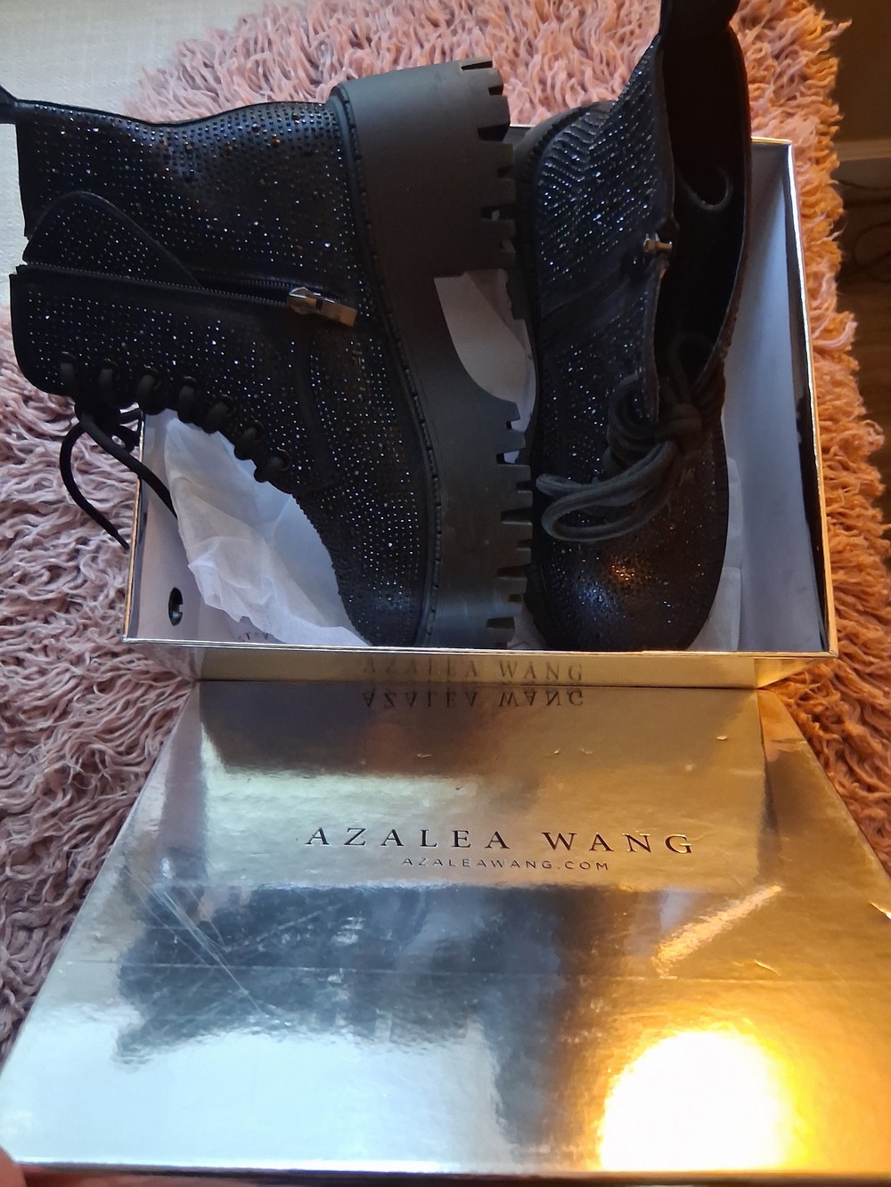 Azalea Wang Women's Black Rhinestone Lace-Up Platform Boots